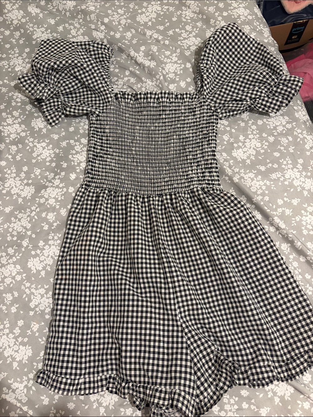Amazon Black and White Gingham Puff-Sleeve Romper